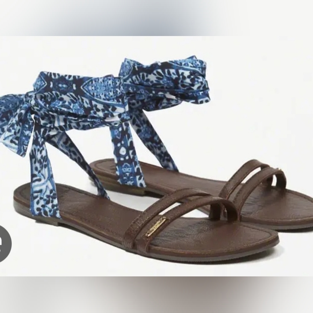 Abercrombie & Fitch Brown Sandals with Blue Patterned Wrap Ties